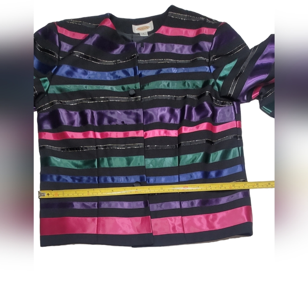 🥰TALBOTS 4  BLAZER DRESSY JACKET BLACK RAINBOW SATIN RIBBON STRIPE GOLD THREAD - Picture 9 of 11